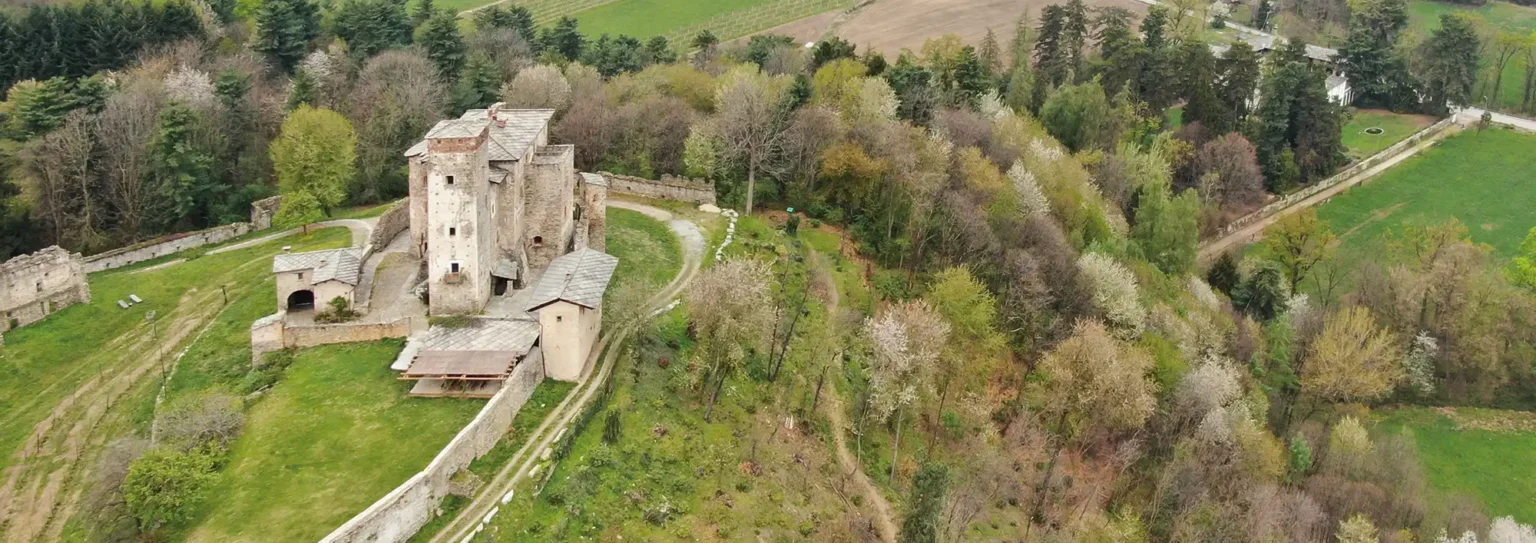 Vista aerea del Castello di Bagnolo con impianto medievale e palazzo sulla collina