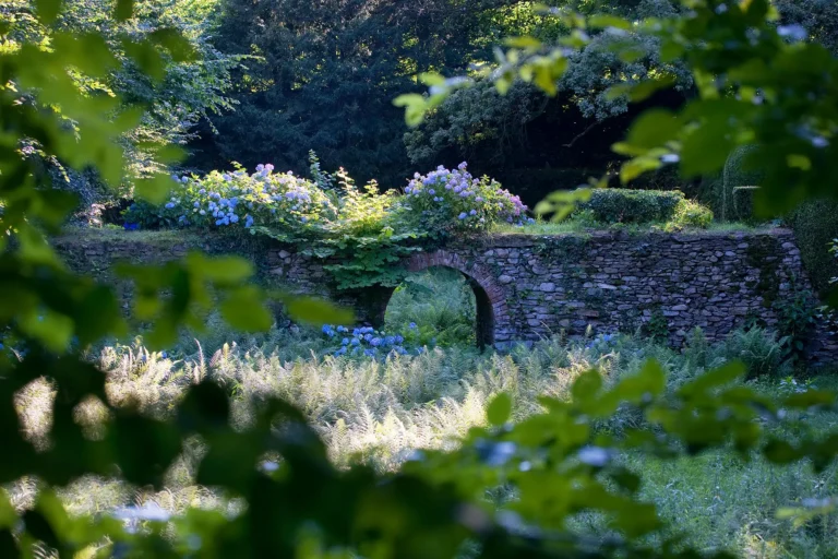 Ponte ad arco in pietra con ortensie nel parco del Castello di Bagnolo